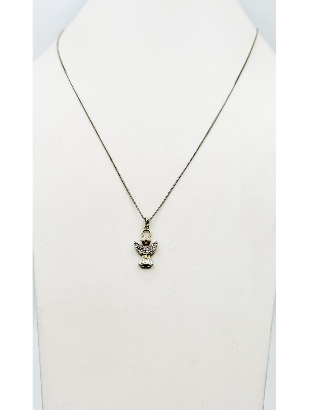 Sterling silver chain with silver CZ paved angel pendant necklace